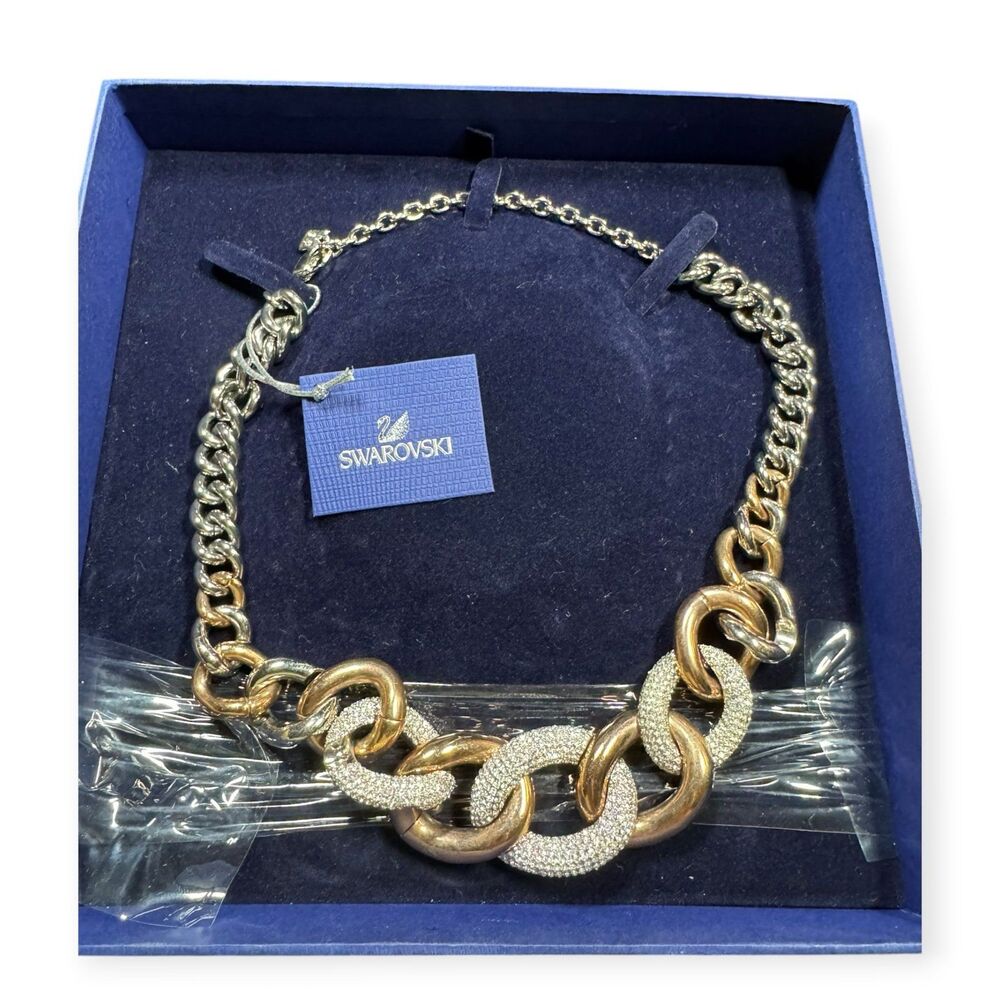 Swarovski Crystal Chunky Necklace Rolo‎ Curb Link with Pave Links Rose Gold-Tone